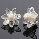 Natural White Freshwater Pearl And Faceted Manmade White Crystal Flower Clip-On Ear Studs