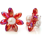 Fashion Natural White Freshwater Pearl And Faceted Manmade Red Crystal Flower Clip-On Ear Studs