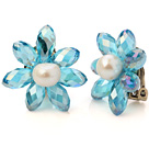 Fashion Natural White Freshwater Pearl And Faceted Manmade Blue Crystal Flower Clip-On Ear Studs