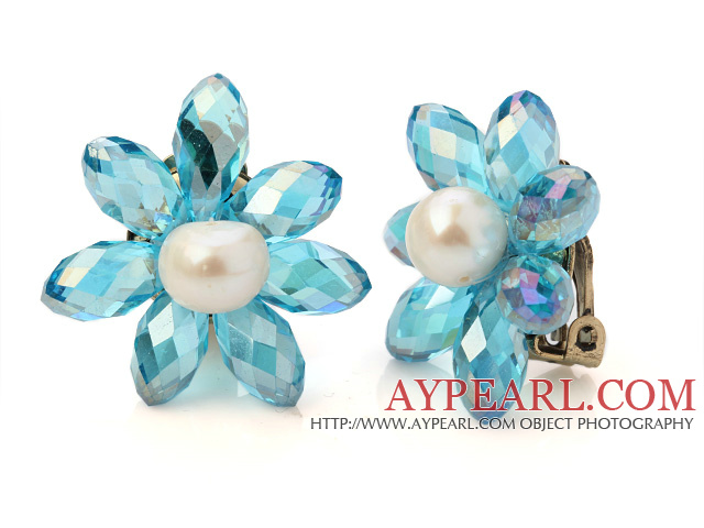 Fashion Natural White Freshwater Pearl And Faceted Manmade Blue Crystal Flower Clip-On Ear Studs