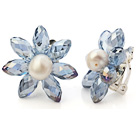 Fashion Natural White Freshwater Pearl And Faceted Manmade Blue Crystal Flower Clip-On Ear Studs