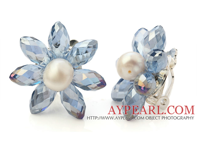 Fashion Natural White Freshwater Pearl And Faceted Manmade Blue Crystal Flower Clip-On Ear Studs