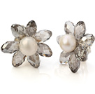 Fashion Natural White Freshwater Pearl And Faceted Manmade Gray Crystal Flower Clip-On Ear Studs