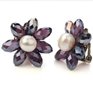 Fashion Natural White Ferskvann Pearl og fasettert Menneskeskapt Purple Crystal Flower Clip -On Ear Studs