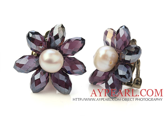 Fashion Natural White Freshwater Pearl And Faceted Manmade Purple Crystal Flower Clip-On Ear Studs