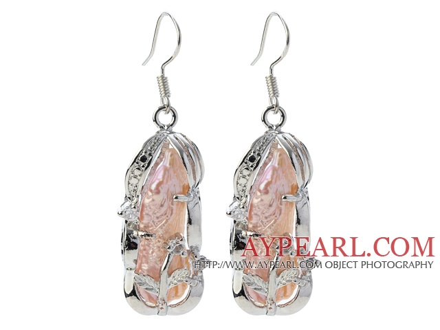 Klassische Natürliche rosa Biwa Perle Strass Charm Dangle Ohrringe mit Fisch-Haken