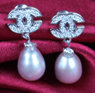 Fashion Elegant Natural Purple Freshwater Pearl Earring Studs With Rhinestone Accessory