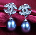 Fashion Elegant Natural Black Freshwater Pearl Earring Studs With Rhinestone Accessory