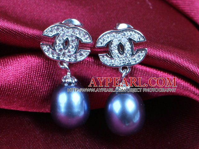 Fashion Elegant Natural Black Freshwater Pearl Earring Studs With Rhinestone Accessory