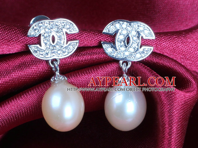 Fashion Elegant Natural Pink Freshwater Pearl Earring Studs With Rhinestone Accessory
