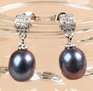 Classic Trendy Style Drop Shape Natural Black Freshwater Pearl Earring Studs With Rhinestone Accessory