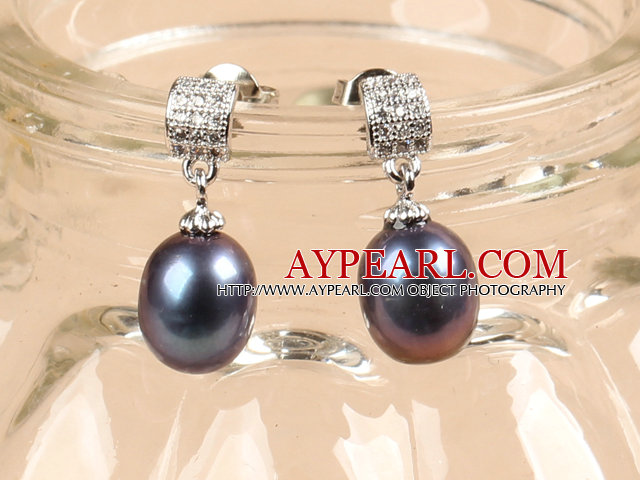 Classic Trendy Style Drop Shape Natural Black Freshwater Pearl Earring Studs With Rhinestone Accessory