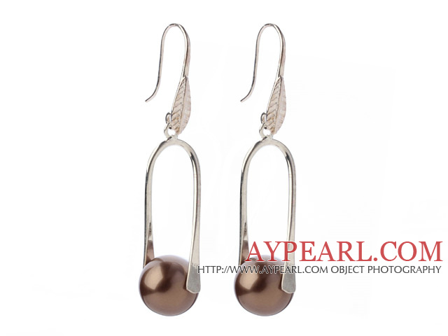 Nice Simple Style 12mm Round Coffee Brown Seashell Beads Dangle Earrings With Fish Hook