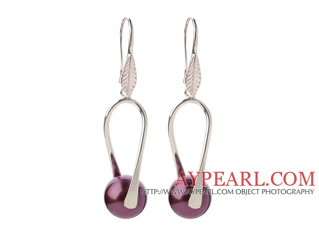 Nice Simple Style 12mm Round Purple Seashell Beads Dangle Earrings With Fish Hook