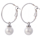 Fashion 10mm Round White Seashell Beads Dangle Earrings With Large Hoop Earwires