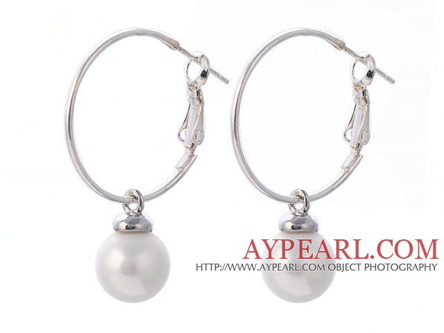 Fashion 10mm Round White Seashell Beads Dangle Earrings With Large Hoop Earwires