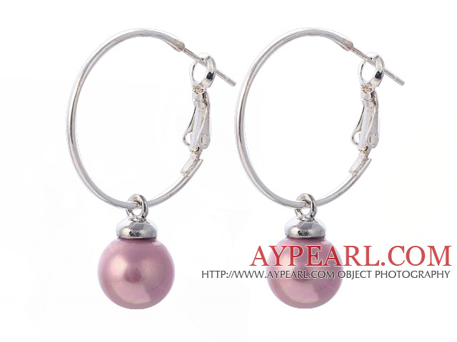 Fashion 10mm Round Purple Seashell Beads Dangle Earrings With Large Hoop Earwires