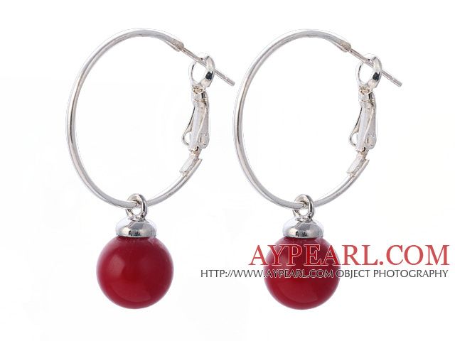 Fashion 10mm Round Red Seashell Beads Dangle Earrings With Large Hoop Earwires