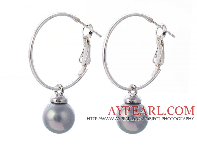 Fashion 10mm Round Gray Seashell Beads Dangle Earrings With Large Hoop Earwires