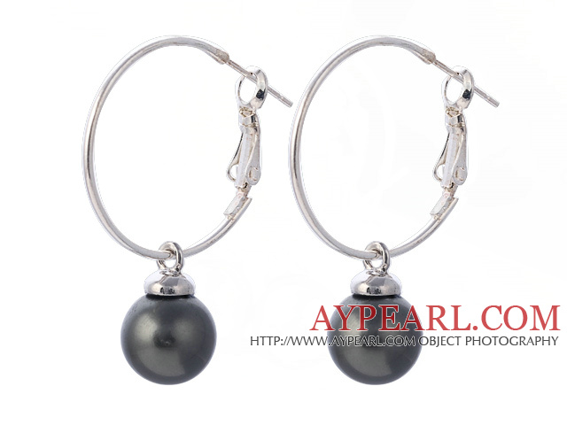 Nice 10mm Round Black Seashell Beads Dangle Earrings With Large Hoop Earwires