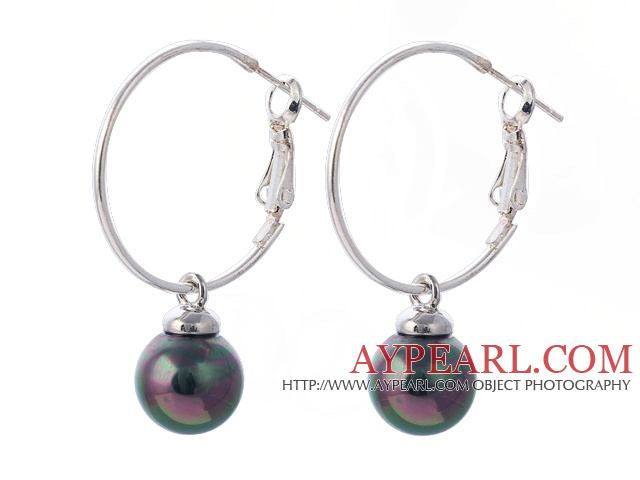 Nice 10mm Round Black Colorful Seashell Beads Dangle Earrings With Large Hoop Earwires