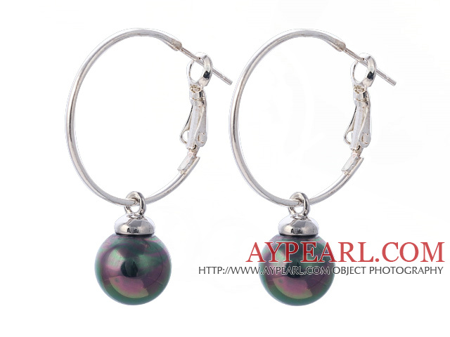 Belle 10mm ronde noir coloré coquillage perles des boucles d'oreille Avec Grand Hoop Earwires