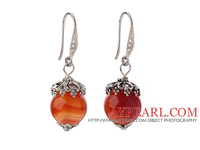 Fashion 12mm Round Faceted Red Agate Ball Flower Cap Charm Dangle Earrings