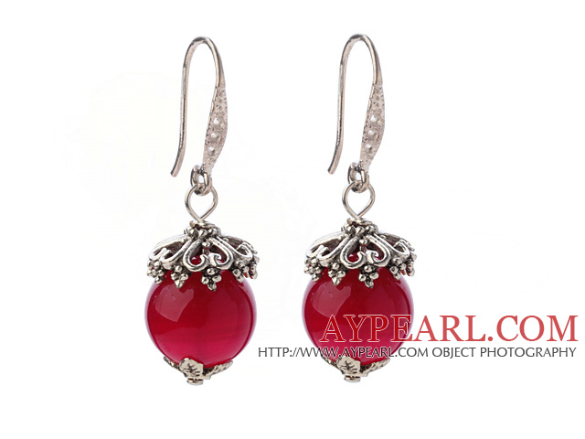 Fashion 12mm Round Faceted Rose Agate Ball Flower Cap Charm Dangle Earrings