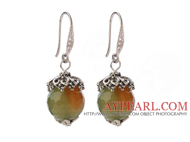 Fashion 12mm Round Faceted AB Color Agate Ball Flower Cap Charm Dangle Earrings