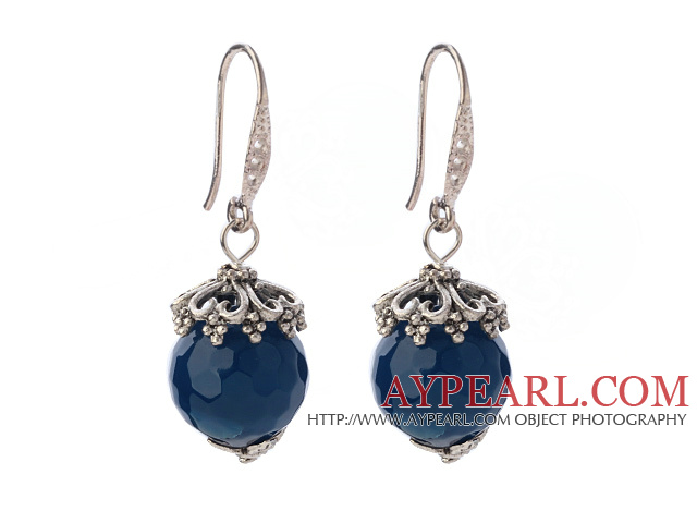 Classic 12mm Round Faceted Blue Agate Ball Flower Cap Charm Dangle Earrings
