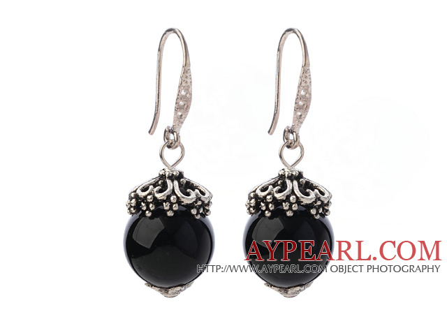 Classic 12mm Round Faceted Black Agate Ball Flower Cap Charm Dangle Earrings