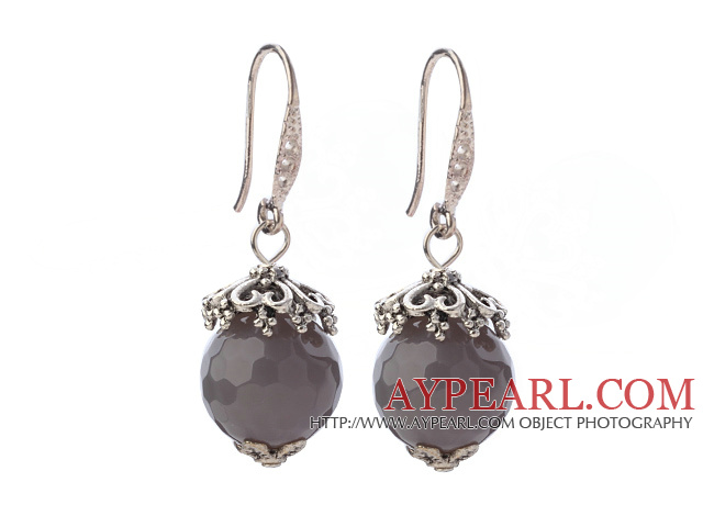 Classic 12mm Round Faceted Gray Agate Ball Flower Cap Charm Dangle Earrings