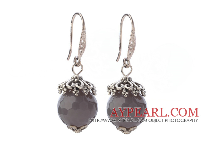 Classic 12 χιλιοστά του Γύρου πολύπλευρη Gray Agate Ball Cap Flower Charm θαυμαστής σκουλαρίκια