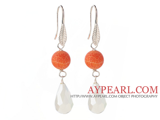 Lovely Round Organge Air-Slake Agate And White Faceted Drop Shape Opal Crystal Dangle Earrings