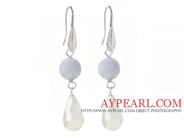 Lovely Round Air-Slake Agate And White Faceted Drop Shape Opal Crystal Dangle Earrings