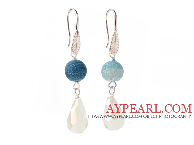 Lovely Round Blue Air-Slake Agate And White Faceted Drop Shape Opal Crystal Dangle Earrings