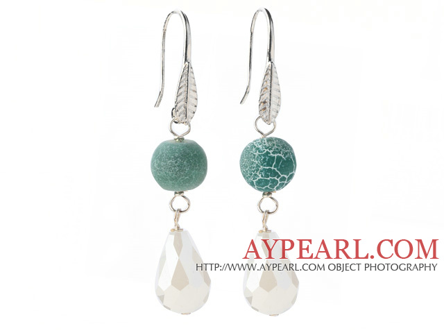 Lovely Round Green Air-Slake Agate And White Faceted Drop Shape Opal Crystal Dangle Earrings