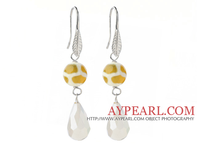 Lovely Round Yellow Air-Slake Agate And White Faceted Drop Shape Opal Crystal Dangle Earrings