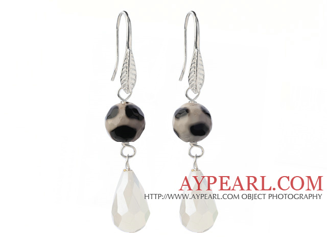 Fashion Round Black Air-Slake Agate And White Faceted Drop Shape Opal Crystal Dangle Earrings