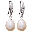 Fashion 8-9mm Natural White Drop Shape Freshwater Pearl Earrings With 925 Sterling Silver Rhinestone Fish Hook