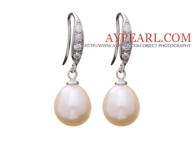 Fashion 8 - 9mm φυσικό White Drop Σχήμα Μαργαριτάρι του γλυκού νερού σκουλαρίκια με γάντζο 925 Sterling Silver Rhinestone Ψάρια