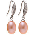 Fashion 8 - 9mm Natural Pink Freshwater Pearl örhängen med 925 Sterling Silver Strass Fish Hook