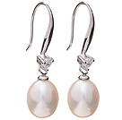 Belle style simple blanc d'eau douce Boucles d'oreilles 8 - 9mm naturelles de perle avec l' argent 925 sterling strass Hameçon