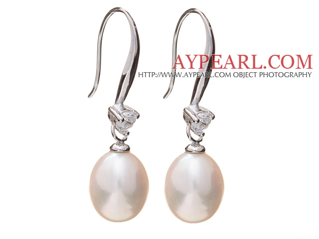 Belle style simple blanc d'eau douce Boucles d'oreilles 8 - 9mm naturelles de perle avec l' argent 925 sterling strass Hameçon
