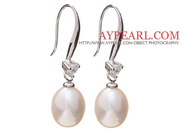 Nice Simple Style 8-9mm Natural White Freshwater Pearl Earrings With 925 Sterling Silver Rhinestone Fish Hook