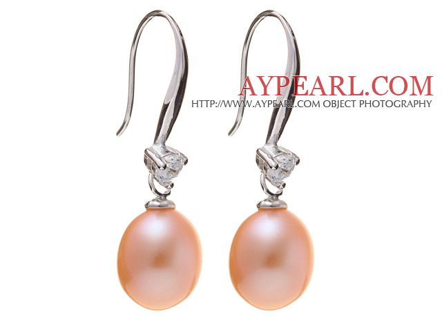 Belle style simple des boucles d'oreille perle naturelle rose 8 - 9mm argent 925 sterling strass Hameçon