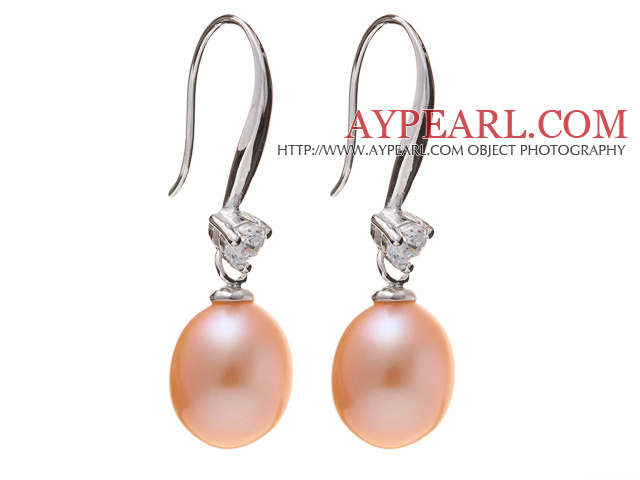 Nice Simple Style 8-9mm Natural Pink Freshwater Pearl Earrings With 925 Sterling Silver Rhinestone Fish Hook