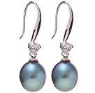 Belle style simple naturel noir d'eau douce Boucles d'oreilles 8 - 9mm perle avec l' argent 925 sterling strass Hameçon