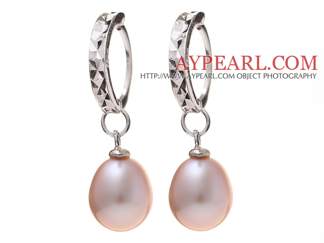 Belle style simple 8 - 9mm naturel pourpre d'eau douce Boucles d'oreilles perle avec 925 oreille en argent sterling Hoops