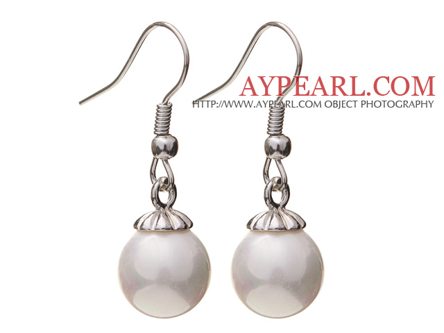 Lovely 10mm Round White Seashell Beads Drop Earrings With Fish Hook